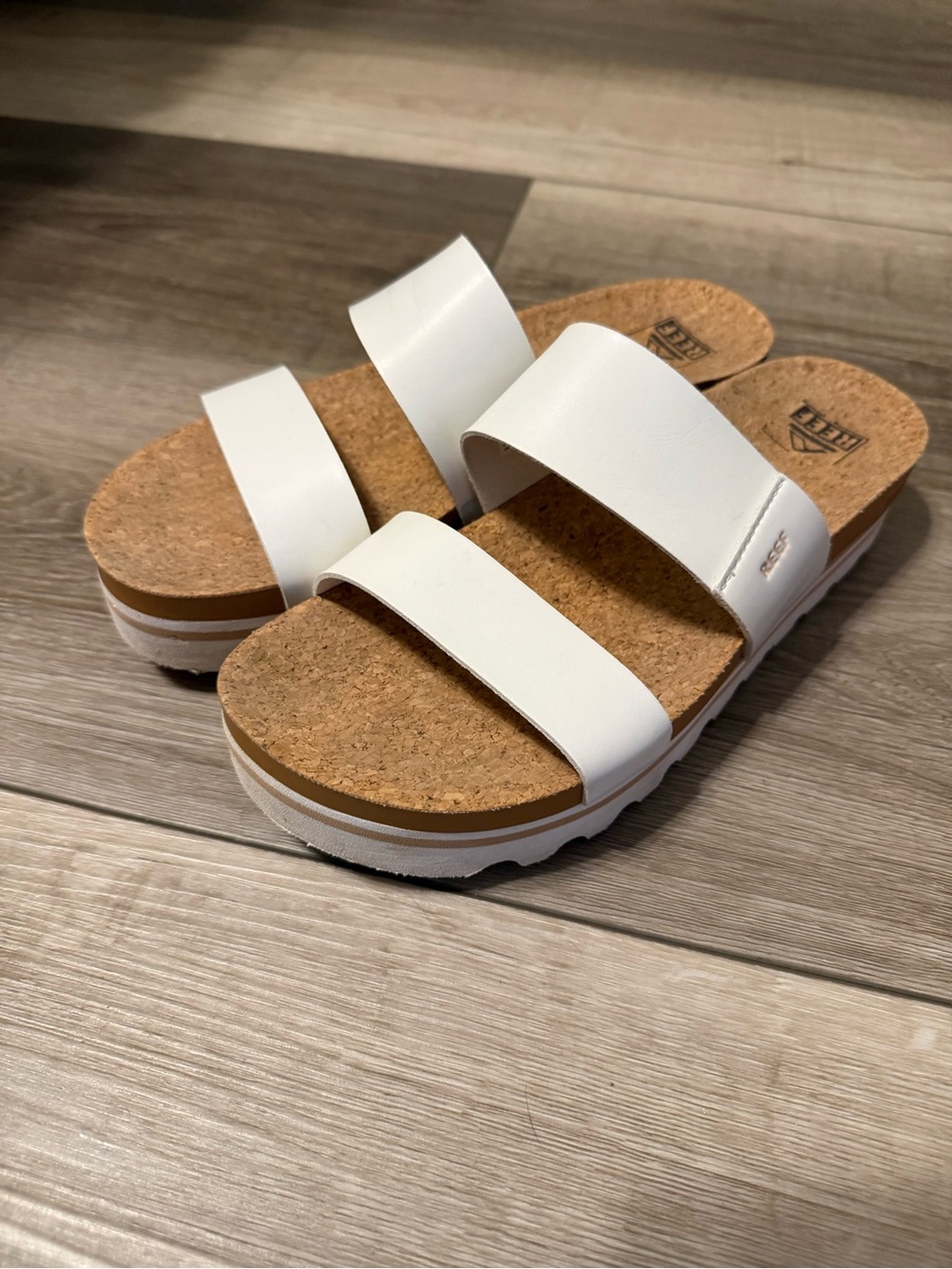 Reef White Double-Strap Cork Slide Sandals
